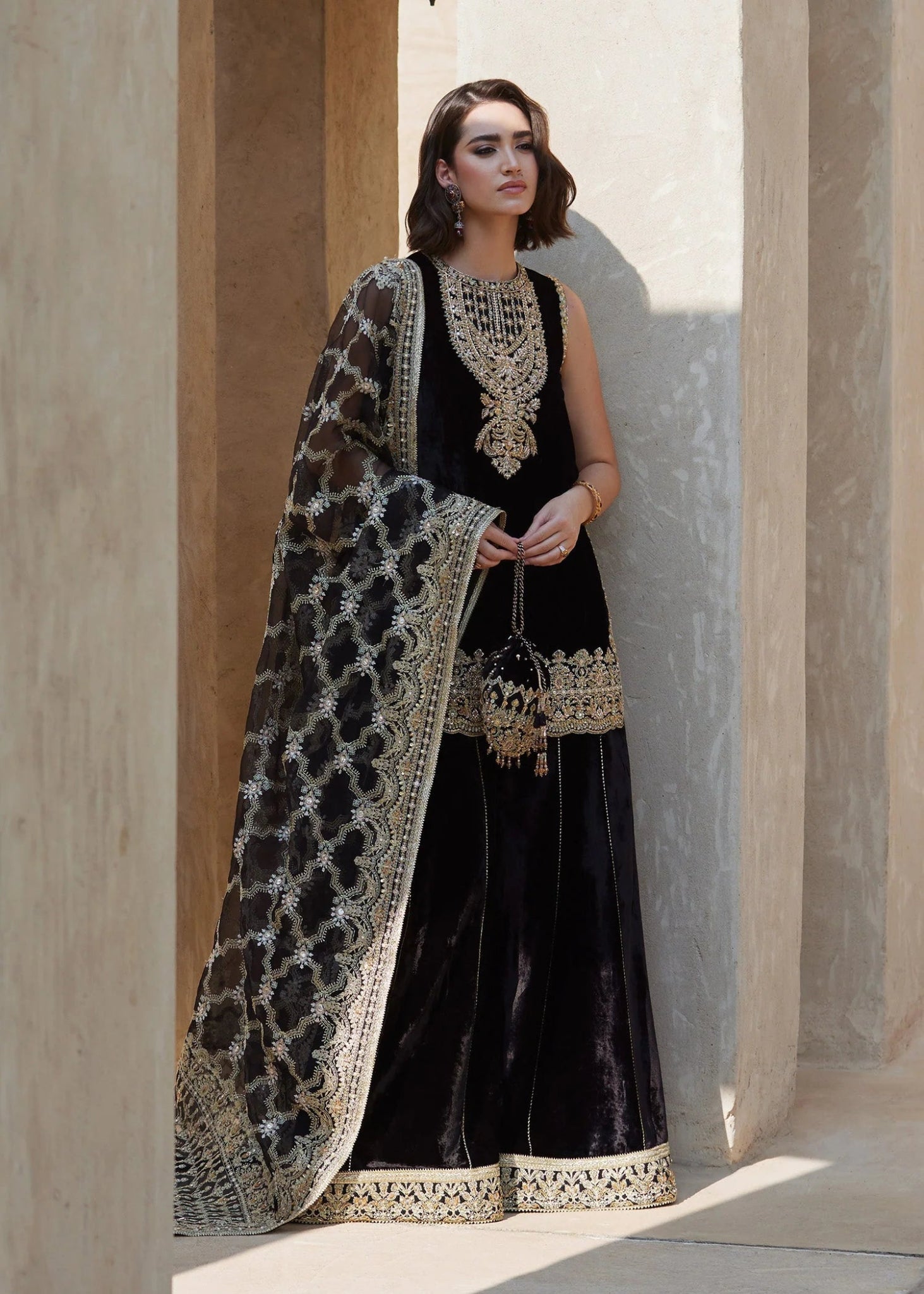 Model wearing Elynor from Kanwal Malik's Laira '24, exuding luxury pret charm. Pakistani clothes online in UK.