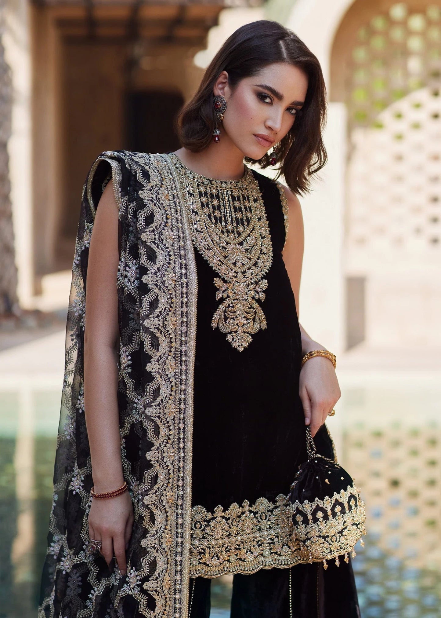 Model wearing Elynor from Kanwal Malik's Laira '24, exuding luxury pret charm. Pakistani clothes online in UK.