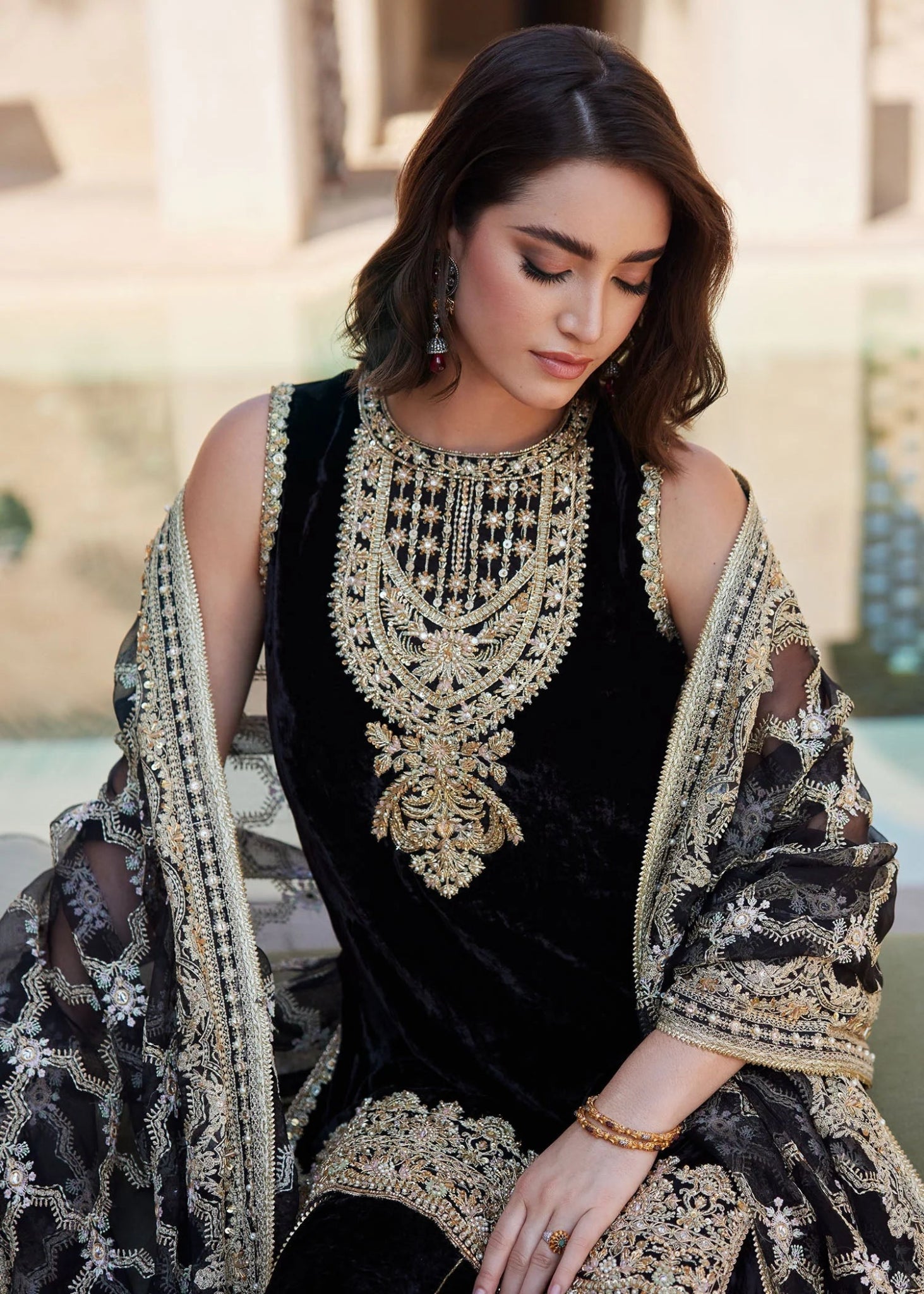 Model wearing Elynor from Kanwal Malik's Laira '24, exuding luxury pret charm. Pakistani clothes online in UK.