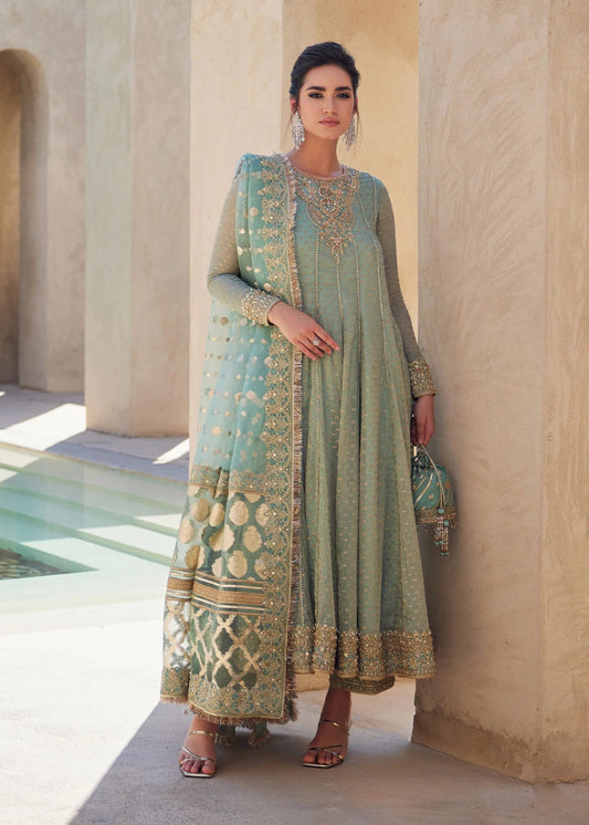 Model wearing Mist from Kanwal Malik's Laira '24 collection, a luxurious and elegant design. Pakistani clothes online in UK.