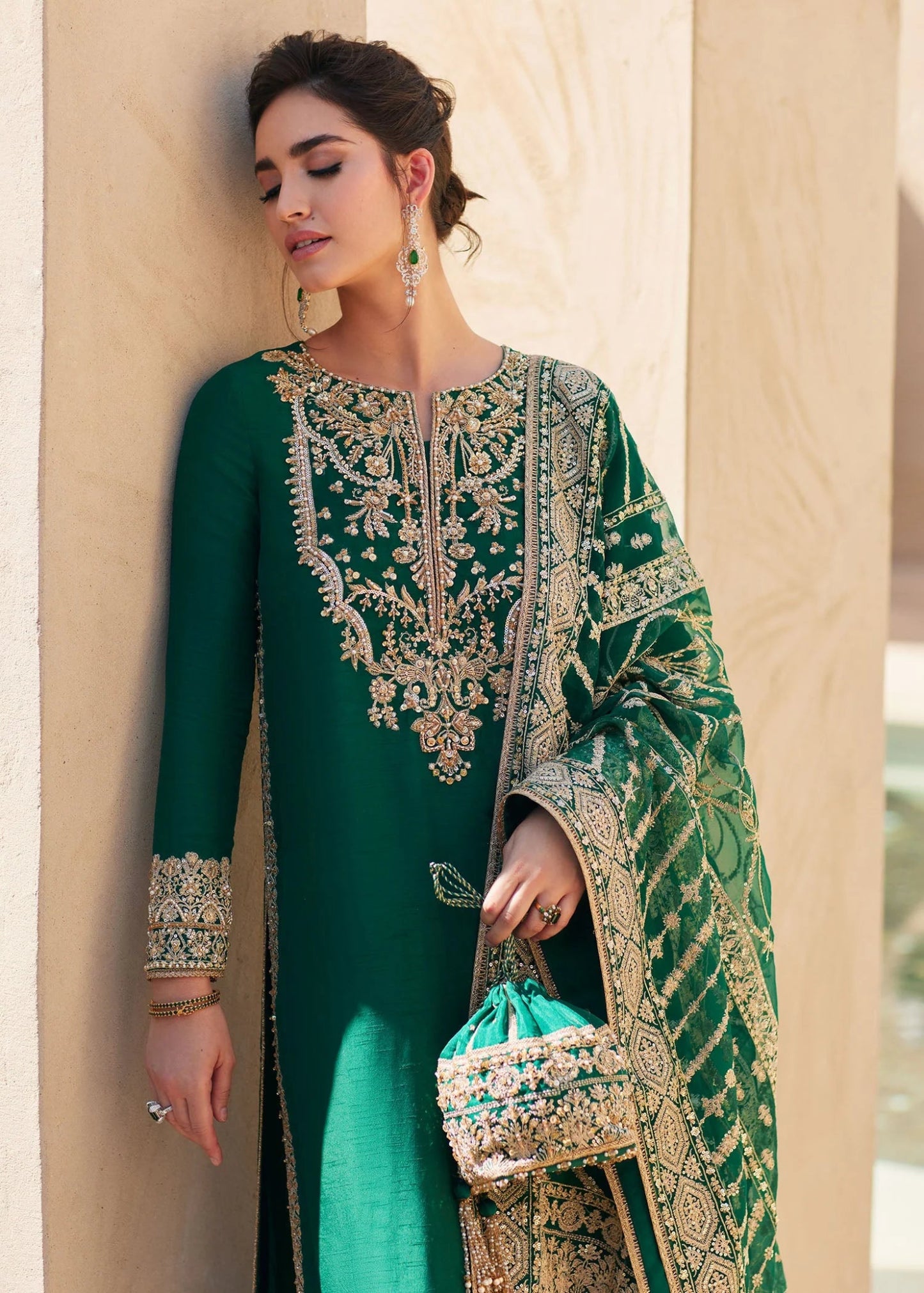 Model wearing Zyra from Kanwal Malik's Laira '24, showcasing luxury pret with intricate details. Pakistani clothes online in UK.