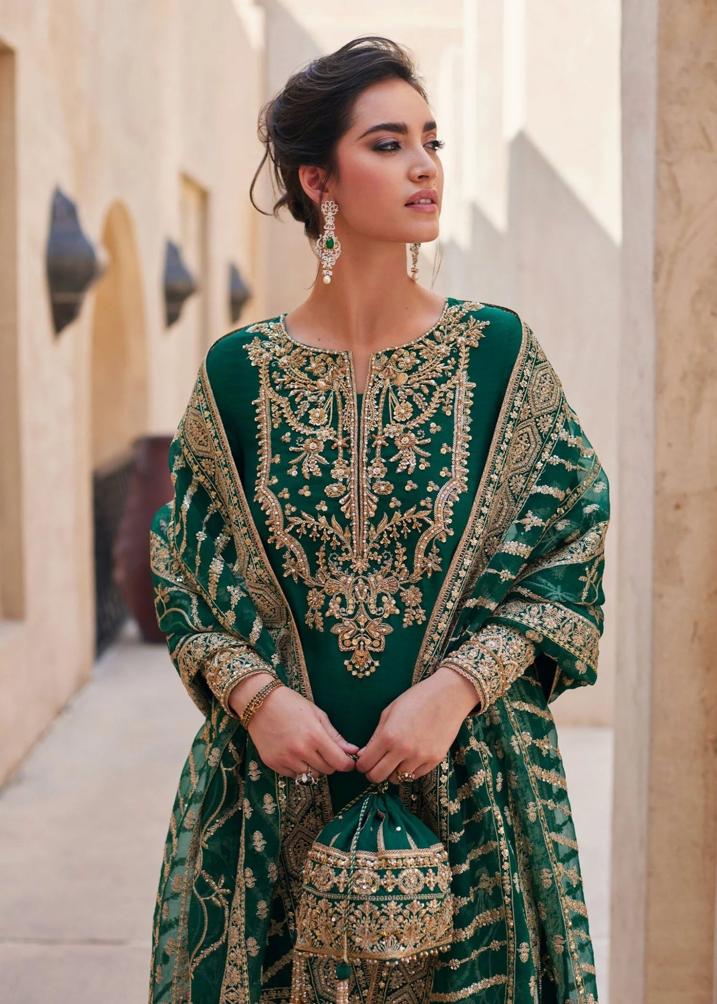 Model wearing Zyra from Kanwal Malik's Laira '24, showcasing luxury pret with intricate details. Pakistani clothes online in UK.