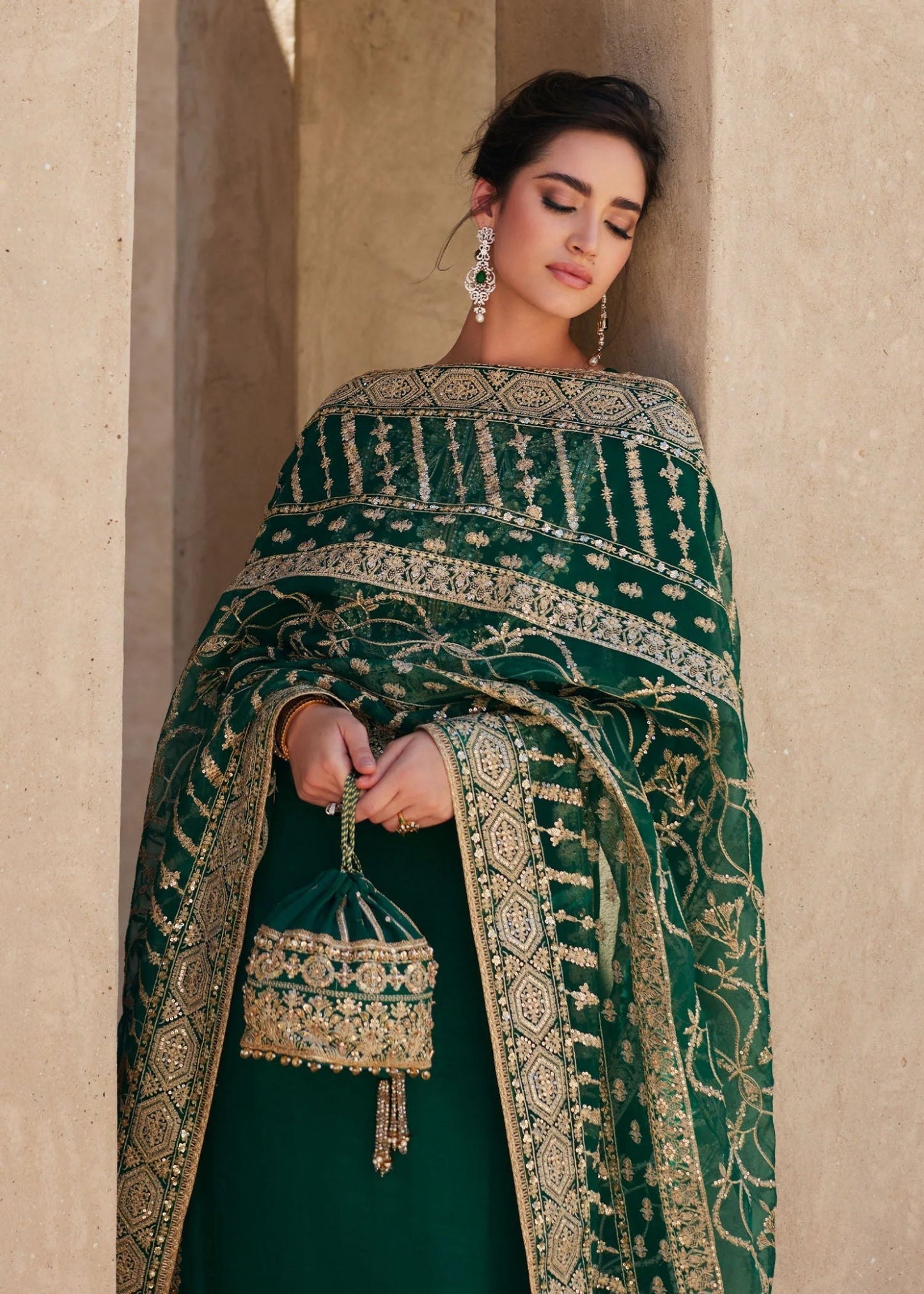 Model wearing Zyra from Kanwal Malik's Laira '24, showcasing luxury pret with intricate details. Pakistani clothes online in UK.