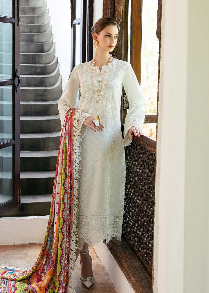 Model wearing Kanwal Malik Cerise dress in ivory with delicate lace embroidery, perfect for Pakistani clothes UK and Eid outfits.