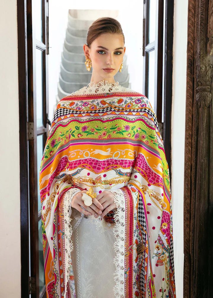 Model wearing a white Cerise dress from Kanwal Malik's Mayal Luxury Lawn collection, featuring vibrant multi - colored accents. Perfect for Pakistani clothes online in the UK.