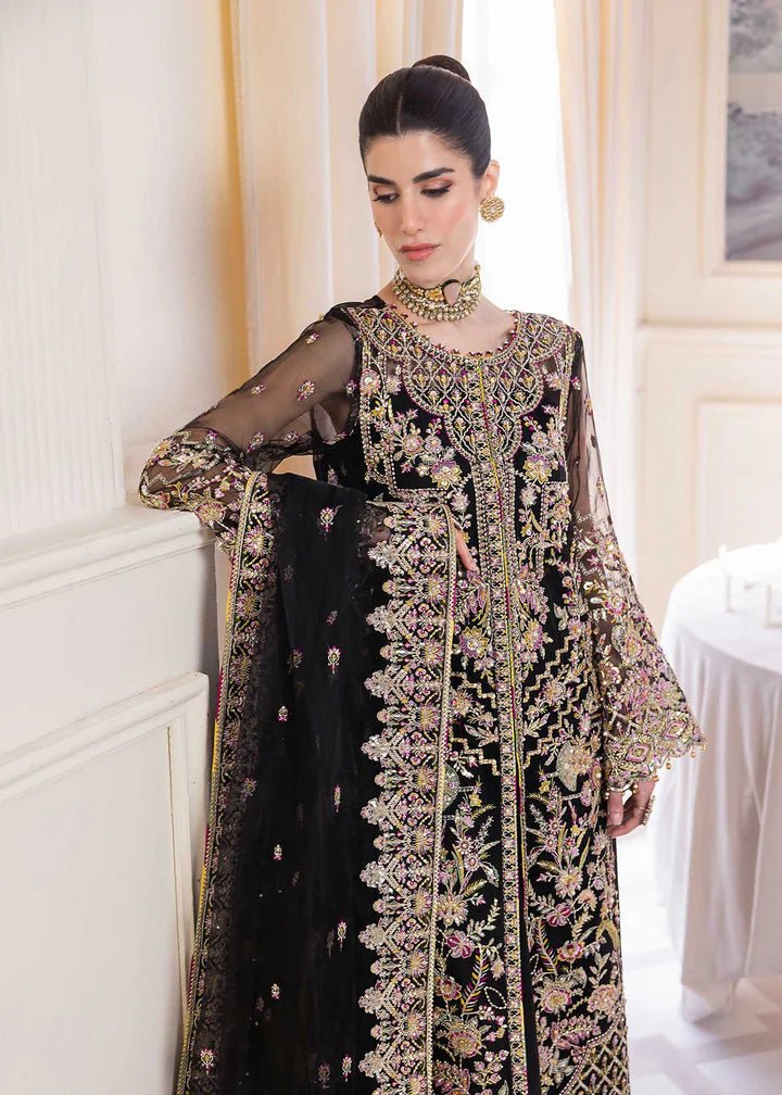 Model wearing Kanwal Malik MIRHA III Eid 24 Sable dress in black, showcasing Pakistani wedding clothes online in the UK.