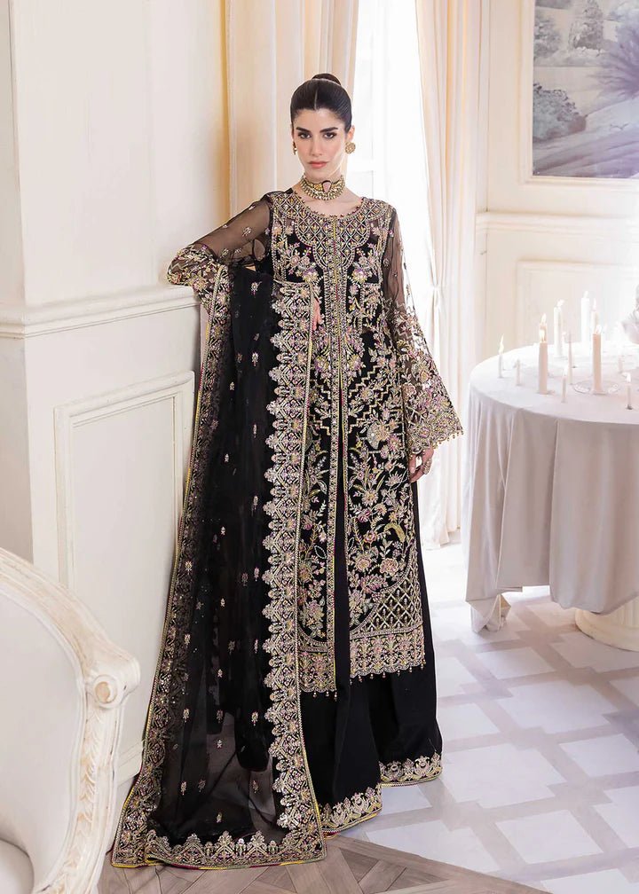 Model wearing Kanwal Malik MIRHA III Eid 24 Sable dress in black, showcasing Pakistani wedding clothes online in the UK.