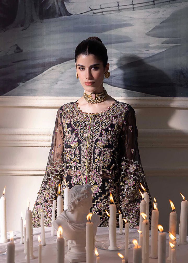 Model wearing Kanwal Malik MIRHA III Eid 24 Sable dress in black, showcasing Pakistani wedding clothes online in the UK.