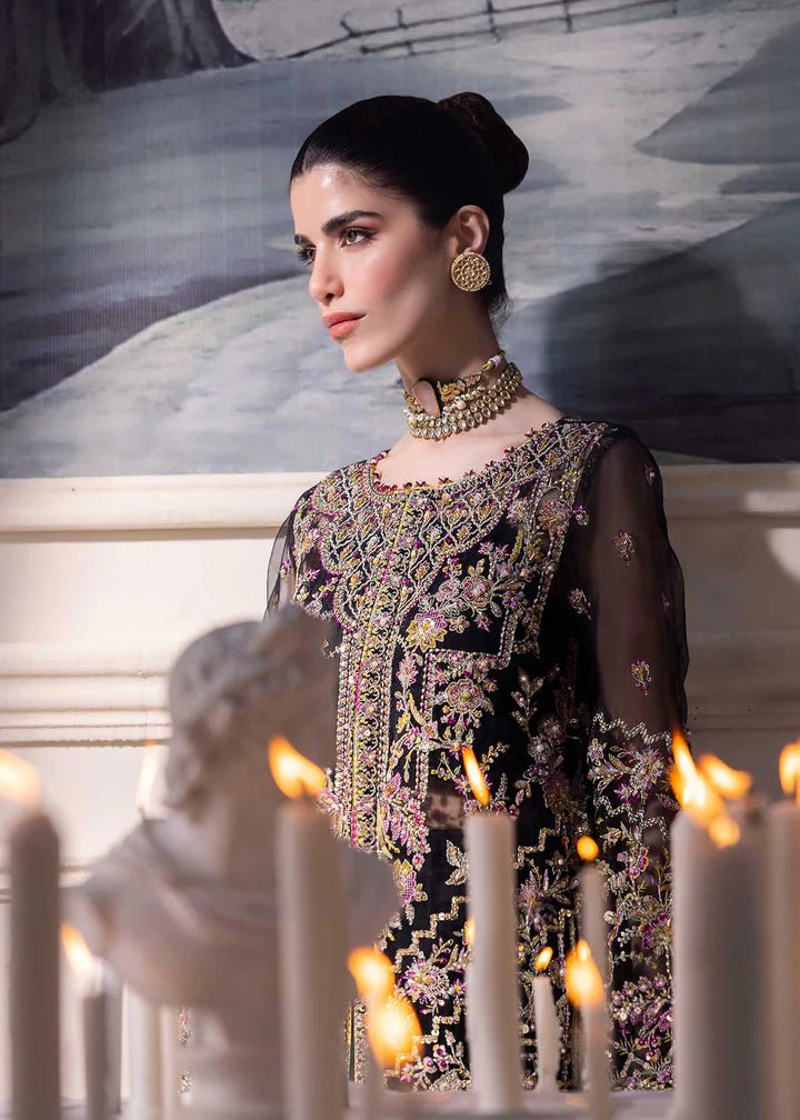 Model wearing Kanwal Malik MIRHA III Eid 24 Sable dress in black, showcasing Pakistani wedding clothes online in the UK.