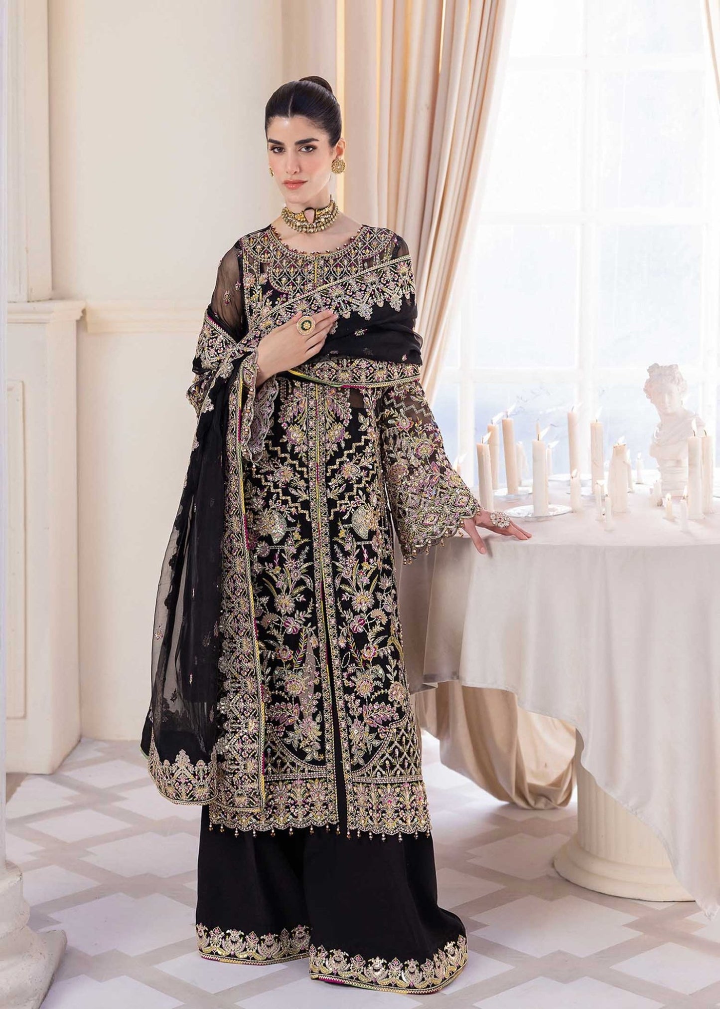 Model wearing Kanwal Malik MIRHA III Eid 24 Sable dress in black, showcasing Pakistani wedding clothes online in the UK.