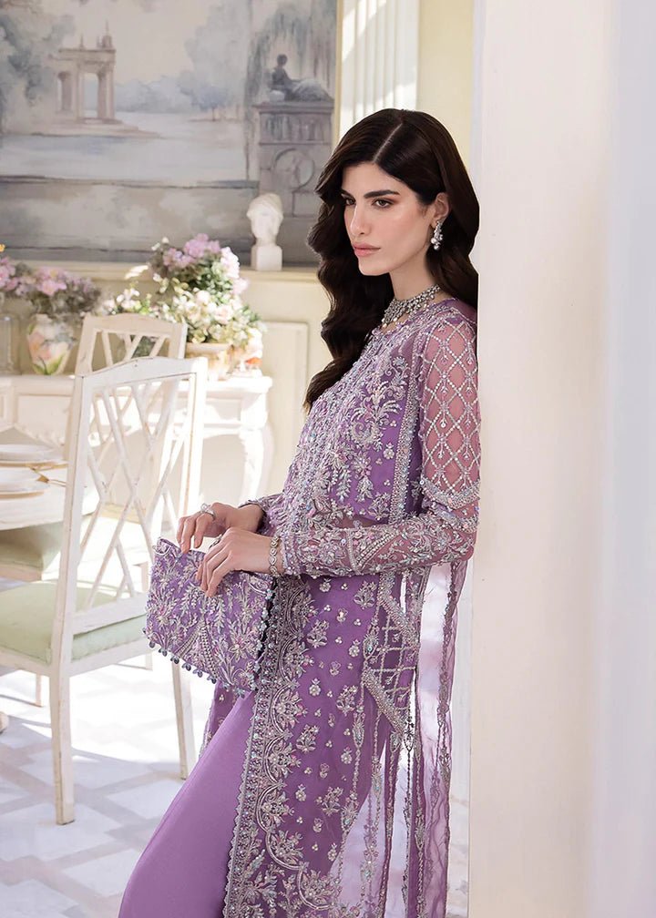 Model in Kanwal Malik MIRHA III Eid 24 Talia dress in lavender, enhancing Pakistani wedding clothes online in the UK.