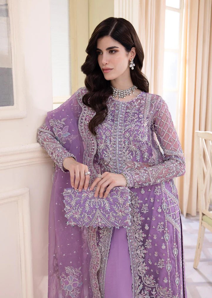 Model in Kanwal Malik MIRHA III Eid 24 Talia dress in lavender, enhancing Pakistani wedding clothes online in the UK.