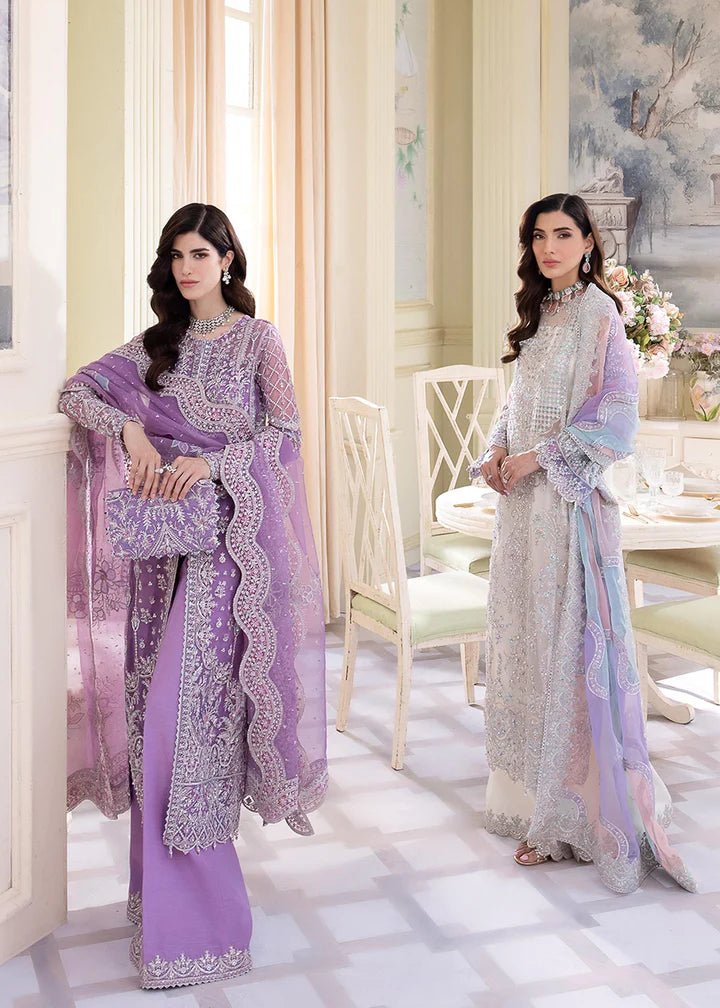 Model in Kanwal Malik MIRHA III Eid 24 Talia dress in lavender, enhancing Pakistani wedding clothes online in the UK.