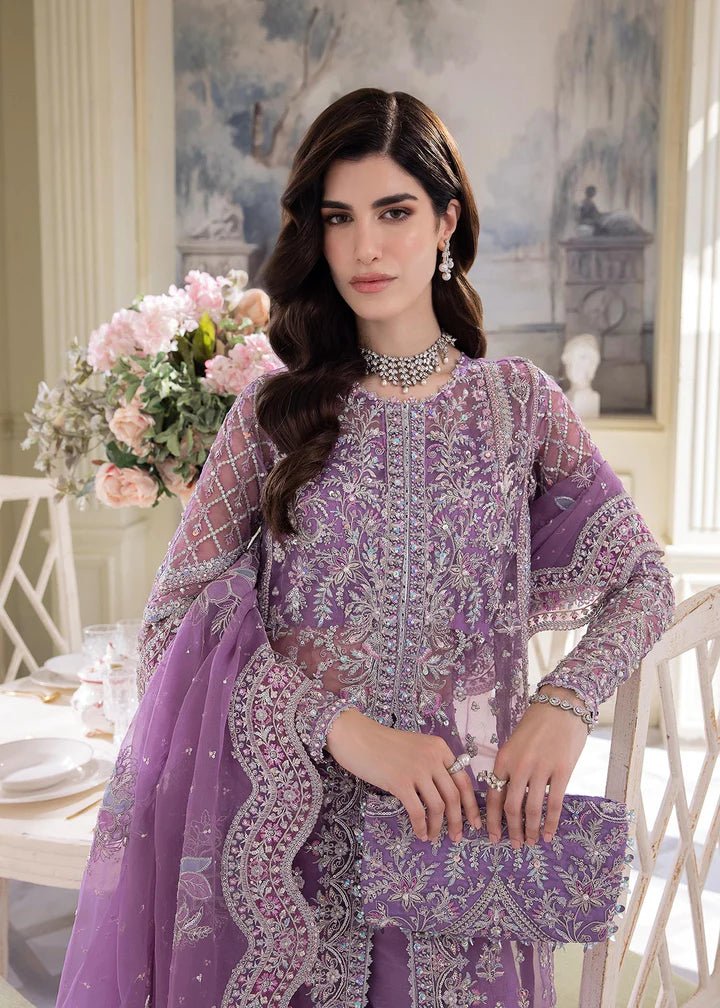 Model in Kanwal Malik MIRHA III Eid 24 Talia dress in lavender, enhancing Pakistani wedding clothes online in the UK.