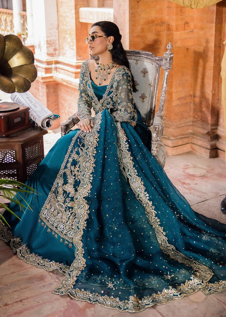 Model wearing Kanwal Malik Raaniyan Luxury Formals Rubab dress in teal, Pakistani bridal clothes online in UK.