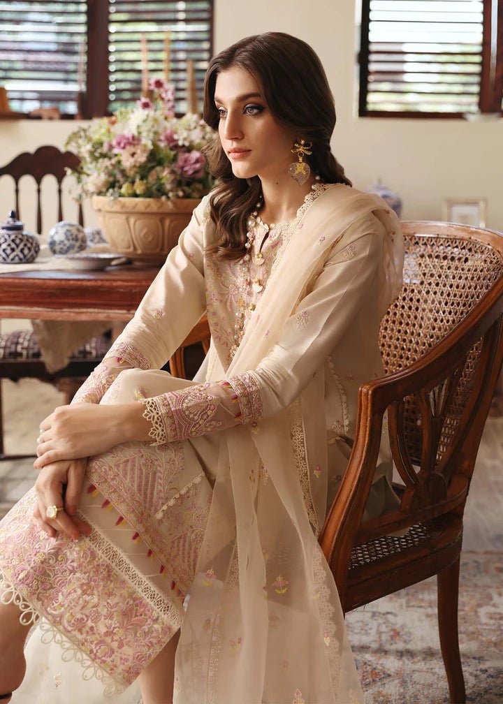 Model wearing Kanwal Malik Raha Casual Pret '24 Amelia dress in beige, showcasing Pakistani lawn suits online in the UK.