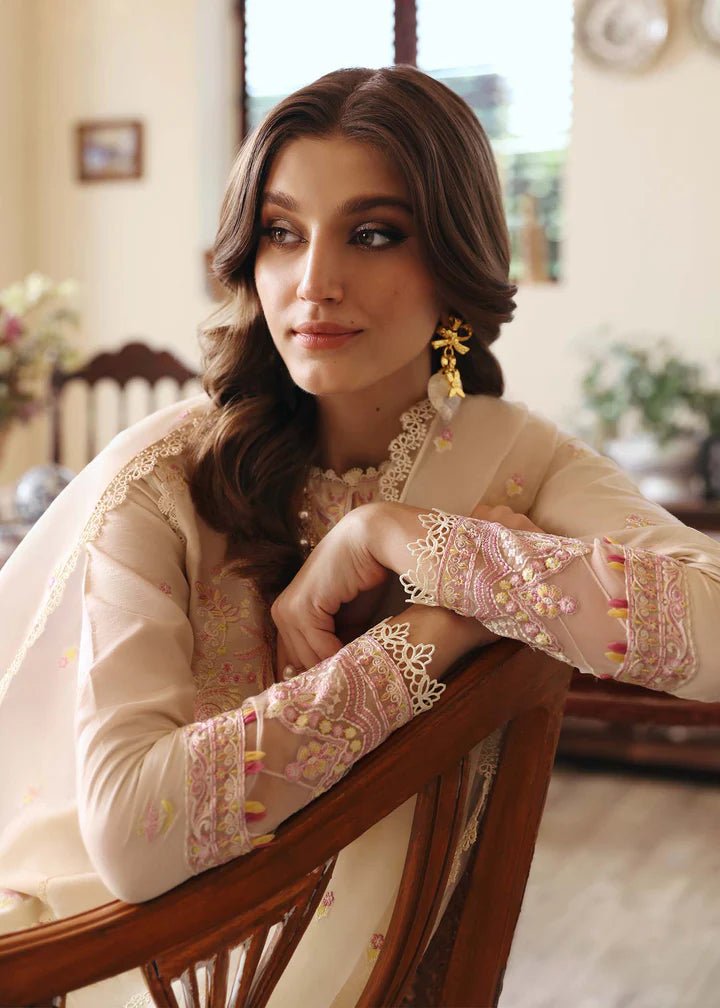 Model wearing Kanwal Malik Raha Casual Pret '24 Amelia dress in beige, showcasing Pakistani lawn suits online in the UK.