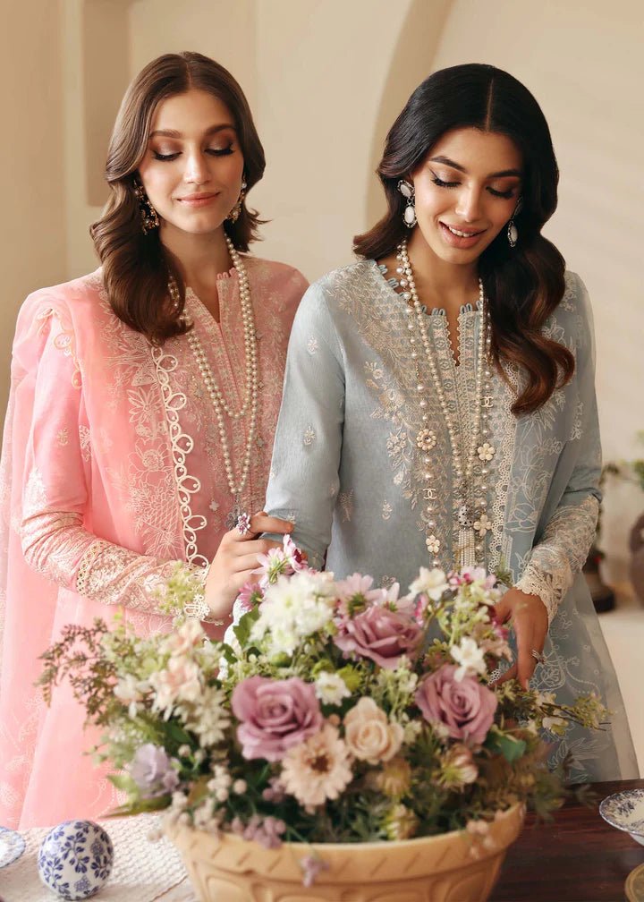 Model wearing Kanwal Malik Raha Casual Pret '24 Geneva dress in pink, showcasing Pakistani lawn suits online in the UK.