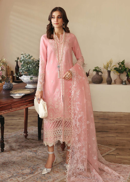 Model wearing Kanwal Malik Raha Casual Pret '24 Geneva dress in pink, showcasing Pakistani lawn suits online in the UK.