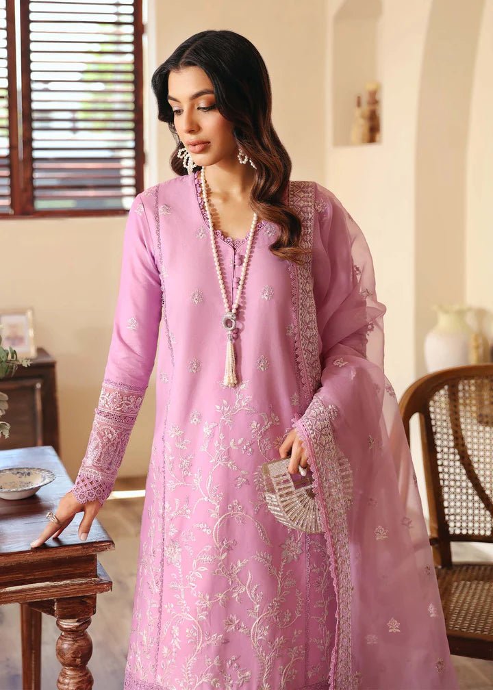 Model wearing Kanwal Malik Raha Casual Pret '24 Margot dress in pink, showcasing Pakistani lawn suits online in the UK.