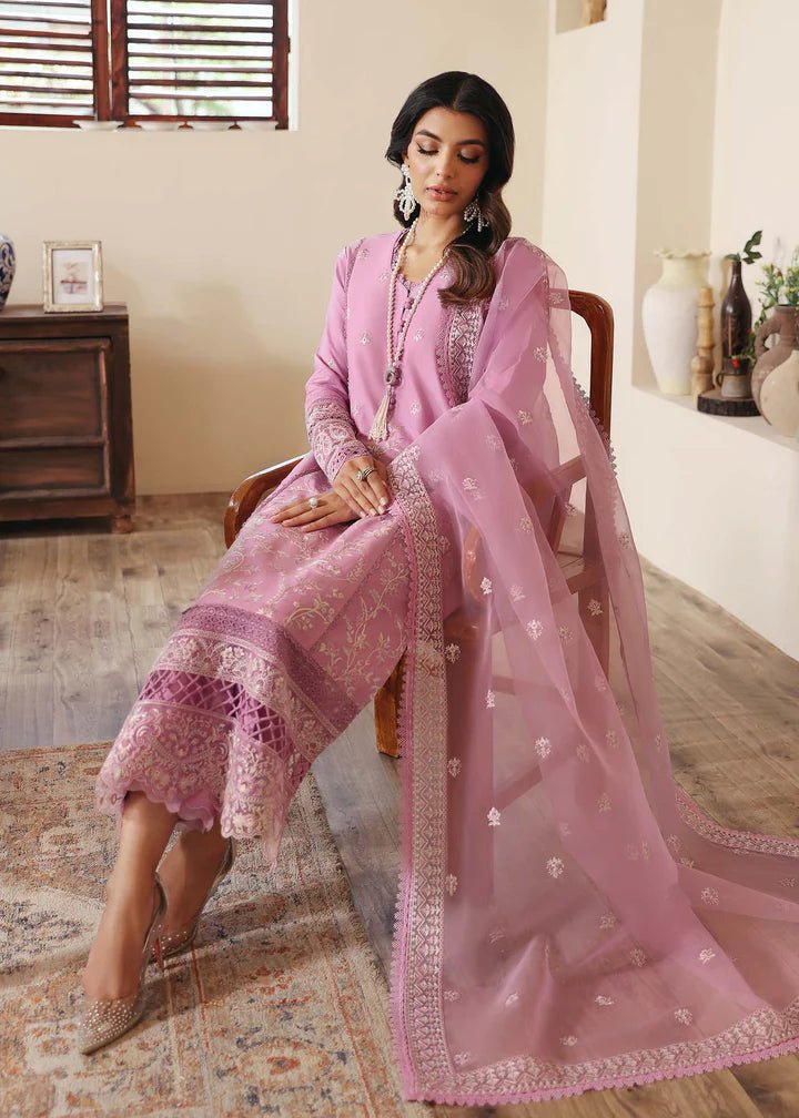 Model wearing Kanwal Malik Raha Casual Pret '24 Margot dress in pink, showcasing Pakistani lawn suits online in the UK.