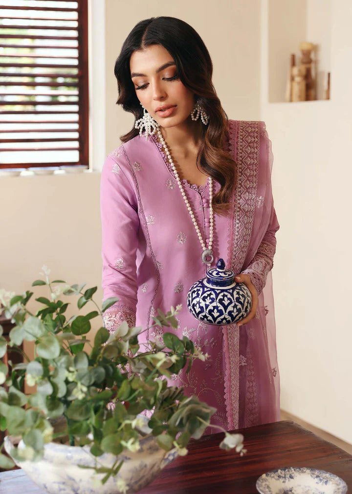 Model wearing Kanwal Malik Raha Casual Pret '24 Margot dress in pink, showcasing Pakistani lawn suits online in the UK.