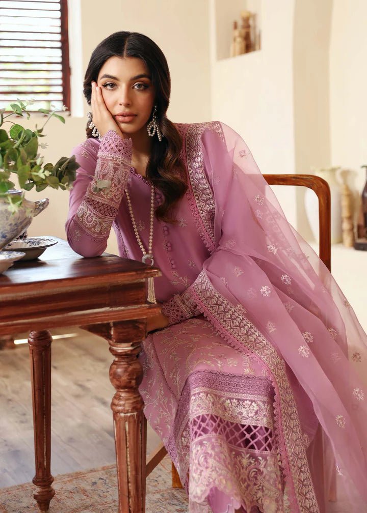 Model wearing Kanwal Malik Raha Casual Pret '24 Margot dress in pink, showcasing Pakistani lawn suits online in the UK.