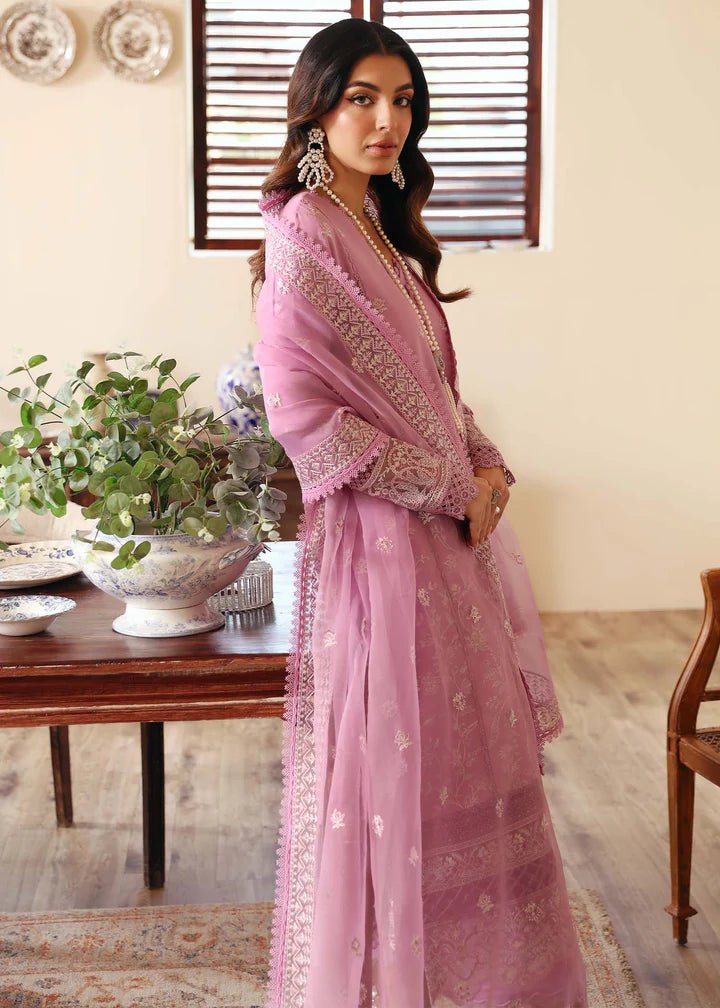 Model wearing Kanwal Malik Raha Casual Pret '24 Margot dress in pink, showcasing Pakistani lawn suits online in the UK.