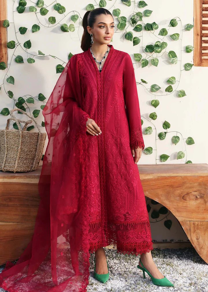 Model wearing Kanwal Malik Raha Casual Pret '24 Paula dress in deep red, showcasing Pakistani lawn suits online in the UK.