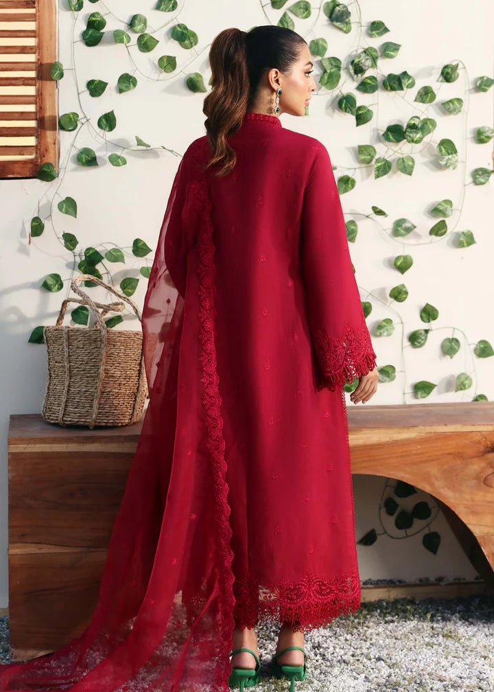 Model wearing Kanwal Malik Raha Casual Pret '24 Paula dress in deep red, showcasing Pakistani lawn suits online in the UK.