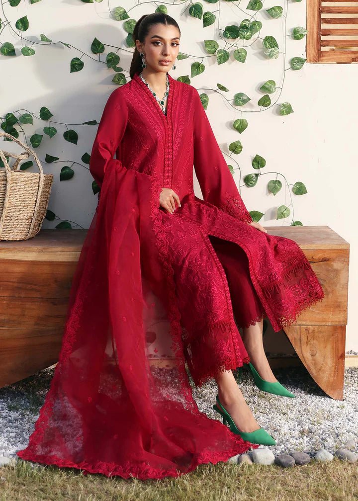 Model wearing Kanwal Malik Raha Casual Pret '24 Paula dress in deep red, showcasing Pakistani lawn suits online in the UK.