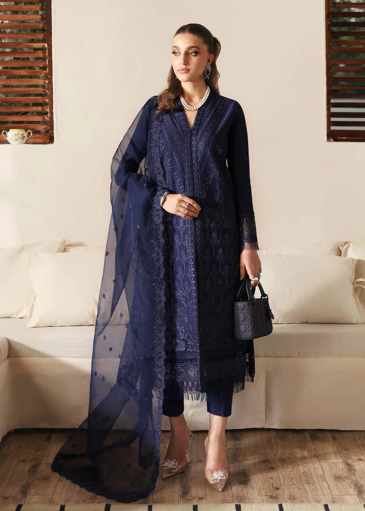 Model wearing Kanwal Malik Raha Casual Pret '24 Rachael dress in navy blue, showcasing Pakistani lawn suits online in the UK.