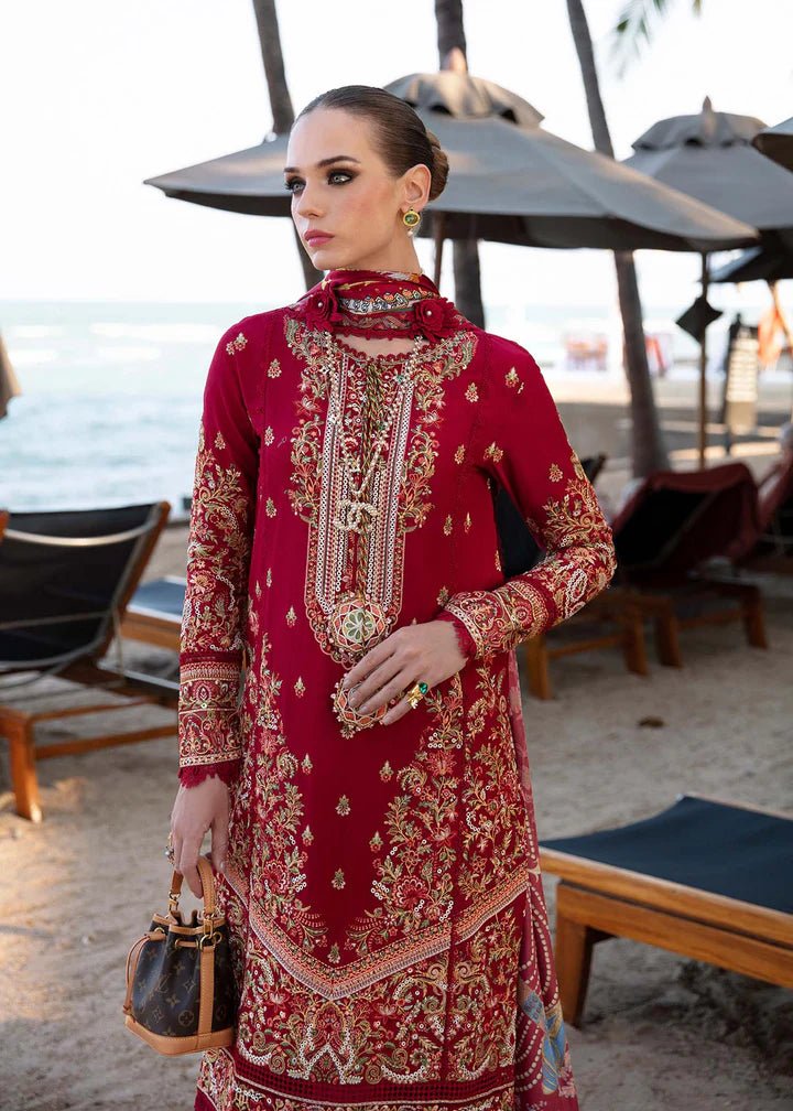 Model wearing Kanwal Malik Sareen Luxury Lawn’24 Rose dress, enriching Pakistani clothes and lawn suits online in the UK.