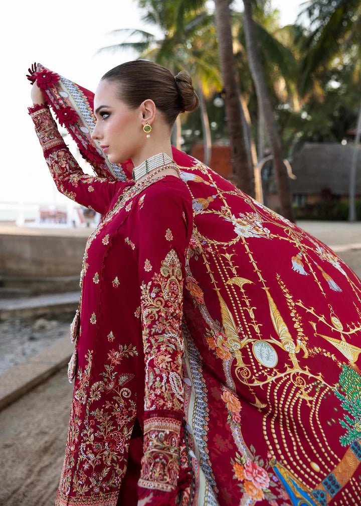 Model wearing Kanwal Malik Sareen Luxury Lawn’24 Rose dress, enriching Pakistani clothes and lawn suits online in the UK.