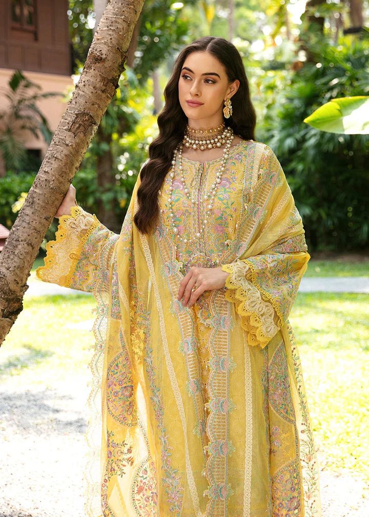 Model flaunting Kanwal Malik Sareen Luxury Lawn’24 Vanessa dress, a chic addition to Pakistani clothes online in the UK.