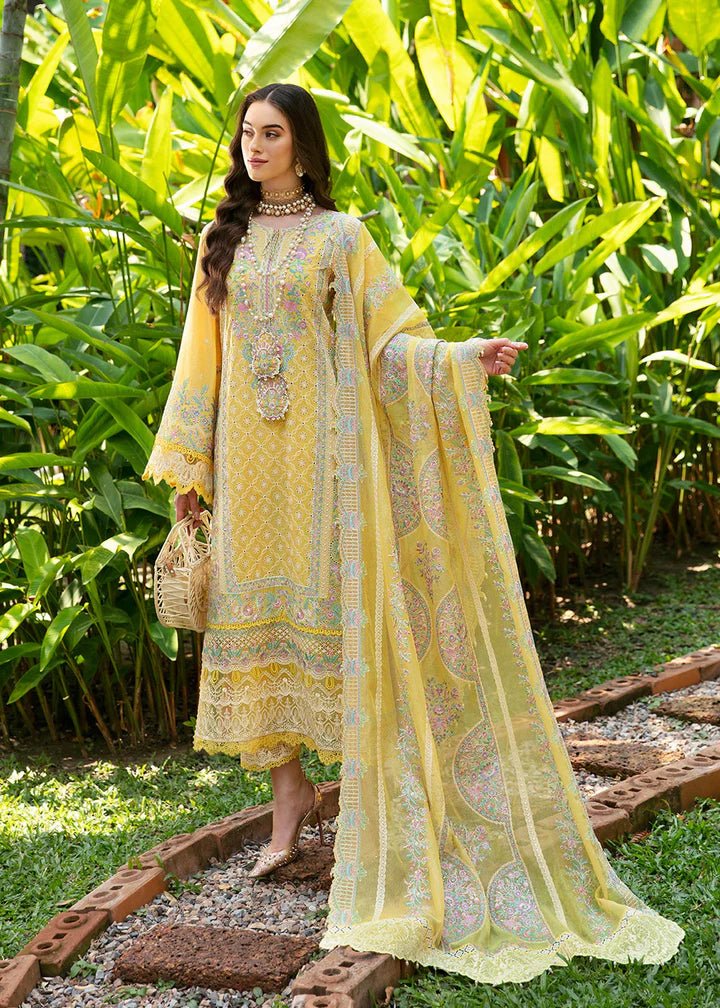 Model flaunting Kanwal Malik Sareen Luxury Lawn’24 Vanessa dress, a chic addition to Pakistani clothes online in the UK.