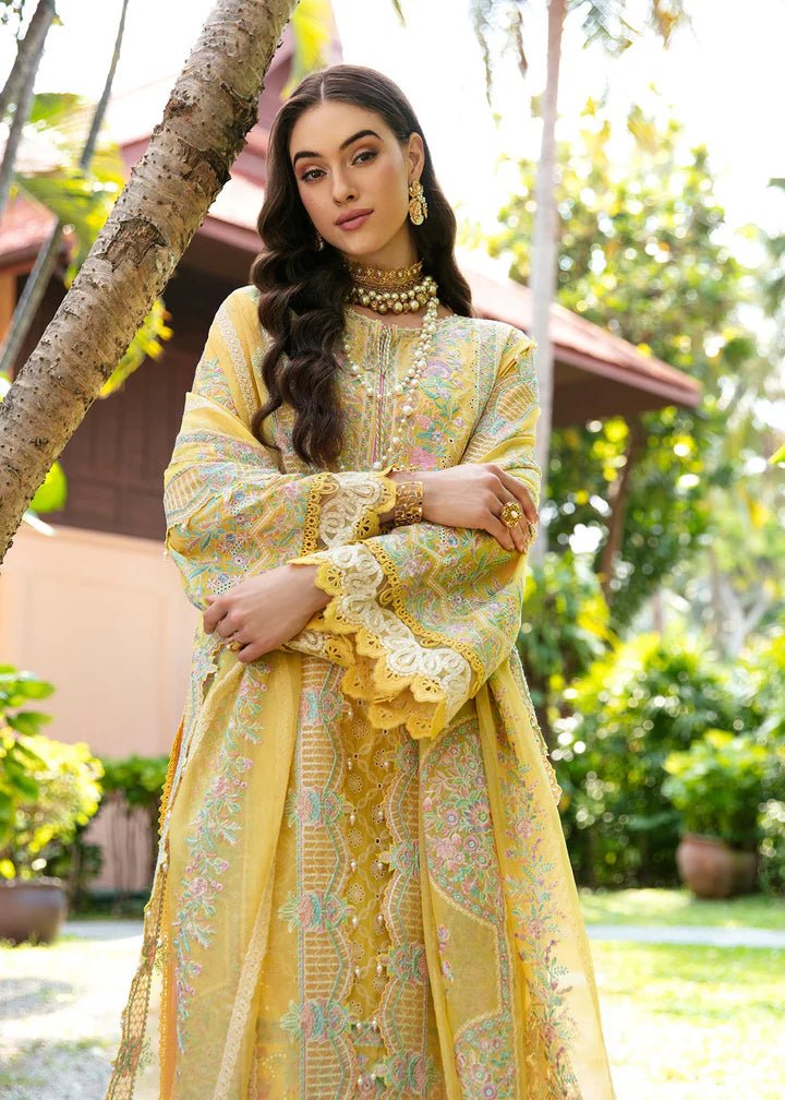 Model flaunting Kanwal Malik Sareen Luxury Lawn’24 Vanessa dress, a chic addition to Pakistani clothes online in the UK.