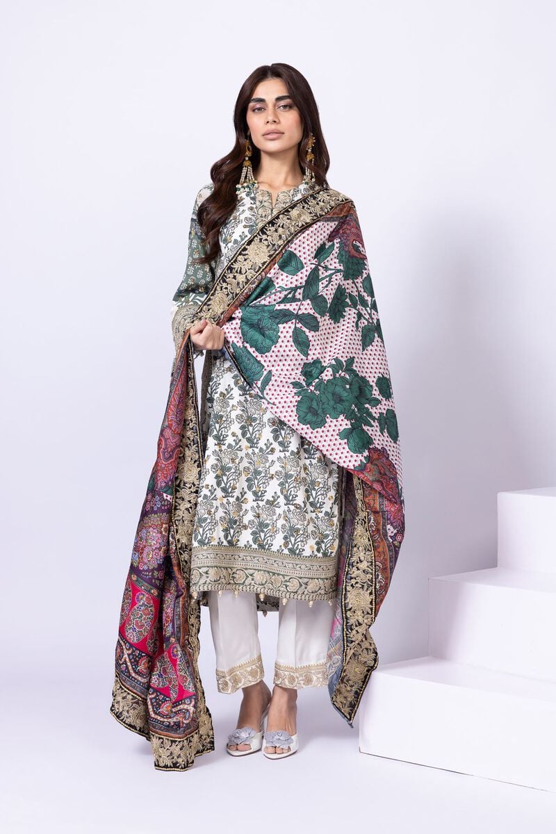 Model wearing Khaadi EST24563B off - white dress with intricate green prints and embroidered dupatta. Shop Pakistani clothes online in the UK now.