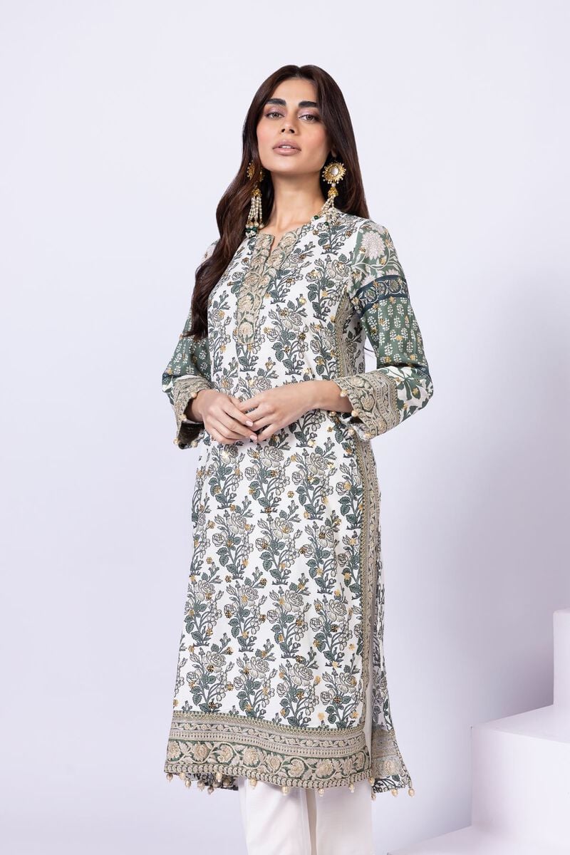 Model wearing Khaadi EST24563B off - white dress with intricate green prints and embroidered dupatta. Shop Pakistani clothes online in the UK now.