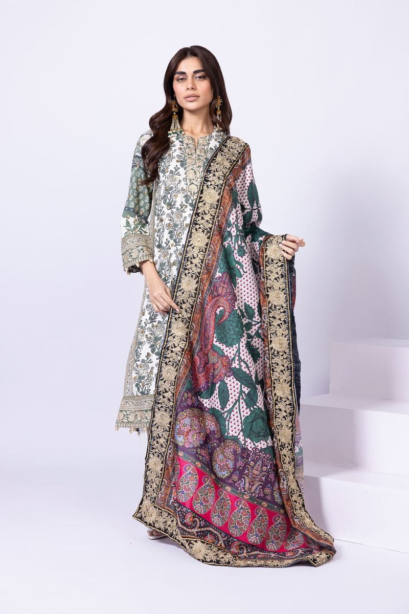 Model wearing Khaadi EST24563B off - white dress with intricate green prints and embroidered dupatta. Shop Pakistani clothes online in the UK now.