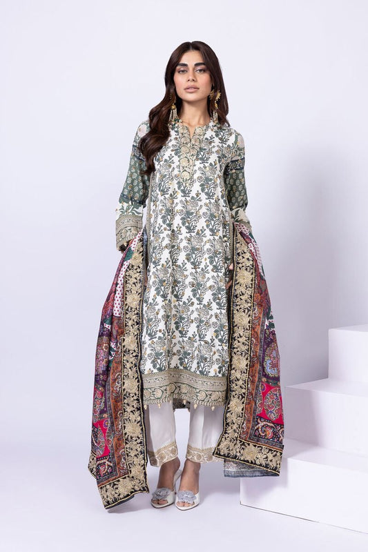 Model wearing Khaadi EST24563B off - white dress with intricate green prints and embroidered dupatta. Shop Pakistani clothes online in the UK now.