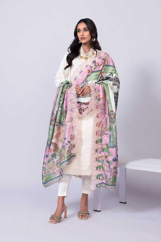 Model wearing Khaadi EST24609A off - white dress with delicate embroidery and a vibrant pink and green printed dupatta. Shop Pakistani clothes online in the UK now.