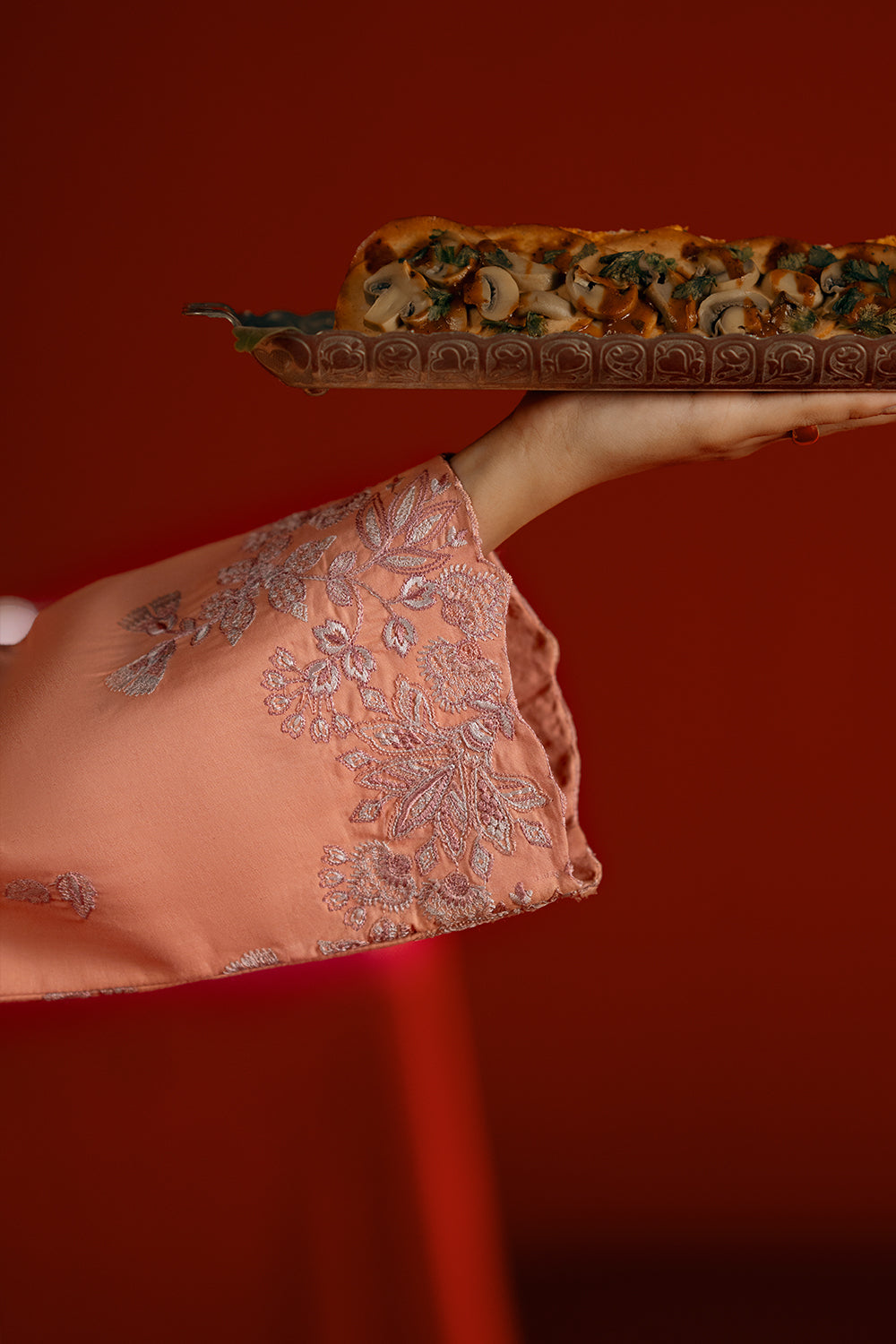 Model wearing peach embroidered outfit from Saira Rizwan Joolie | PEACH - JBP25-05, elegant Pakistani luxury pret available online in UK.