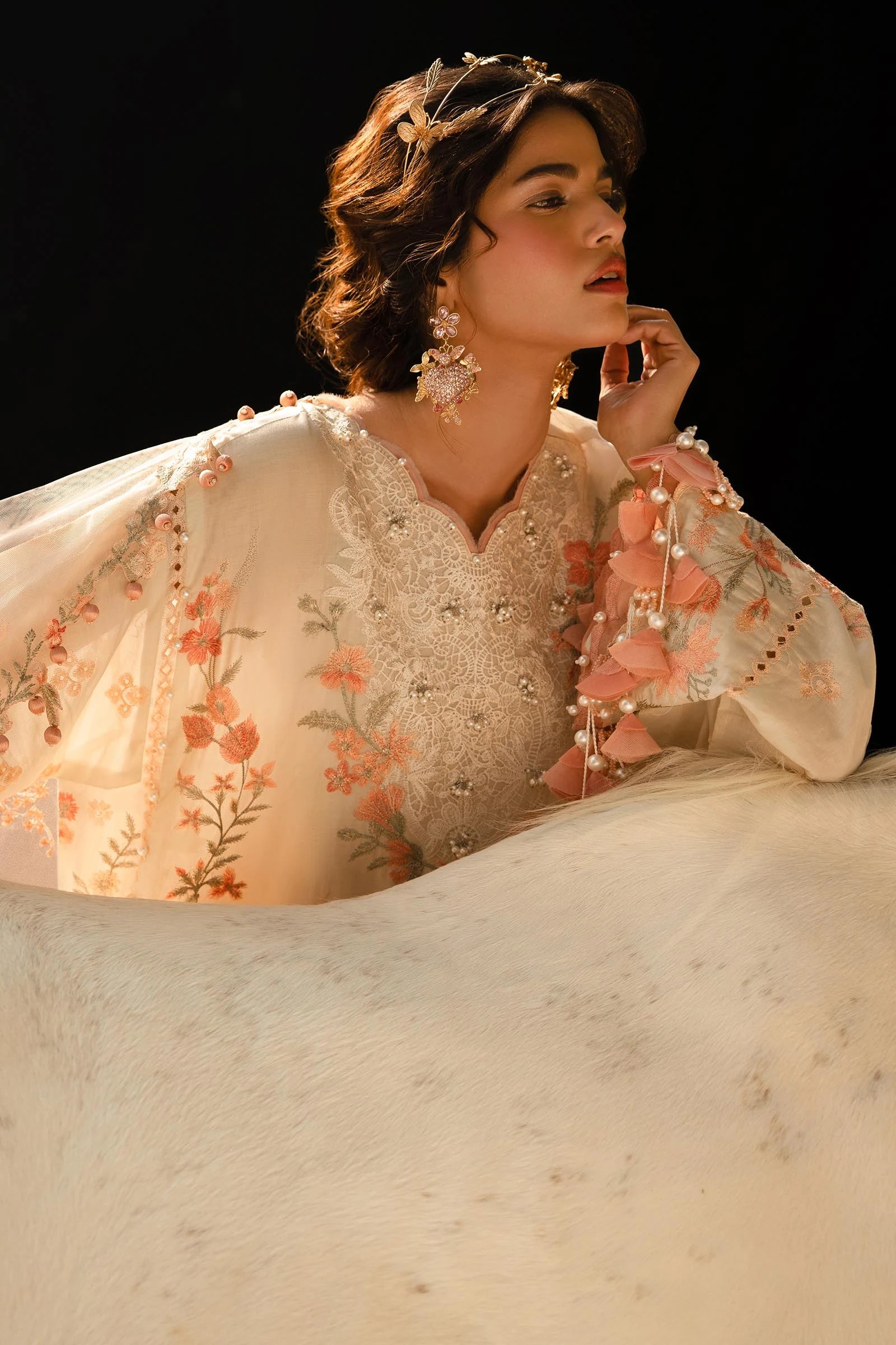 Elegant Sana Safinaz L241 - 003B - 3CT dress, with intricate embroidery and soft peach accents.