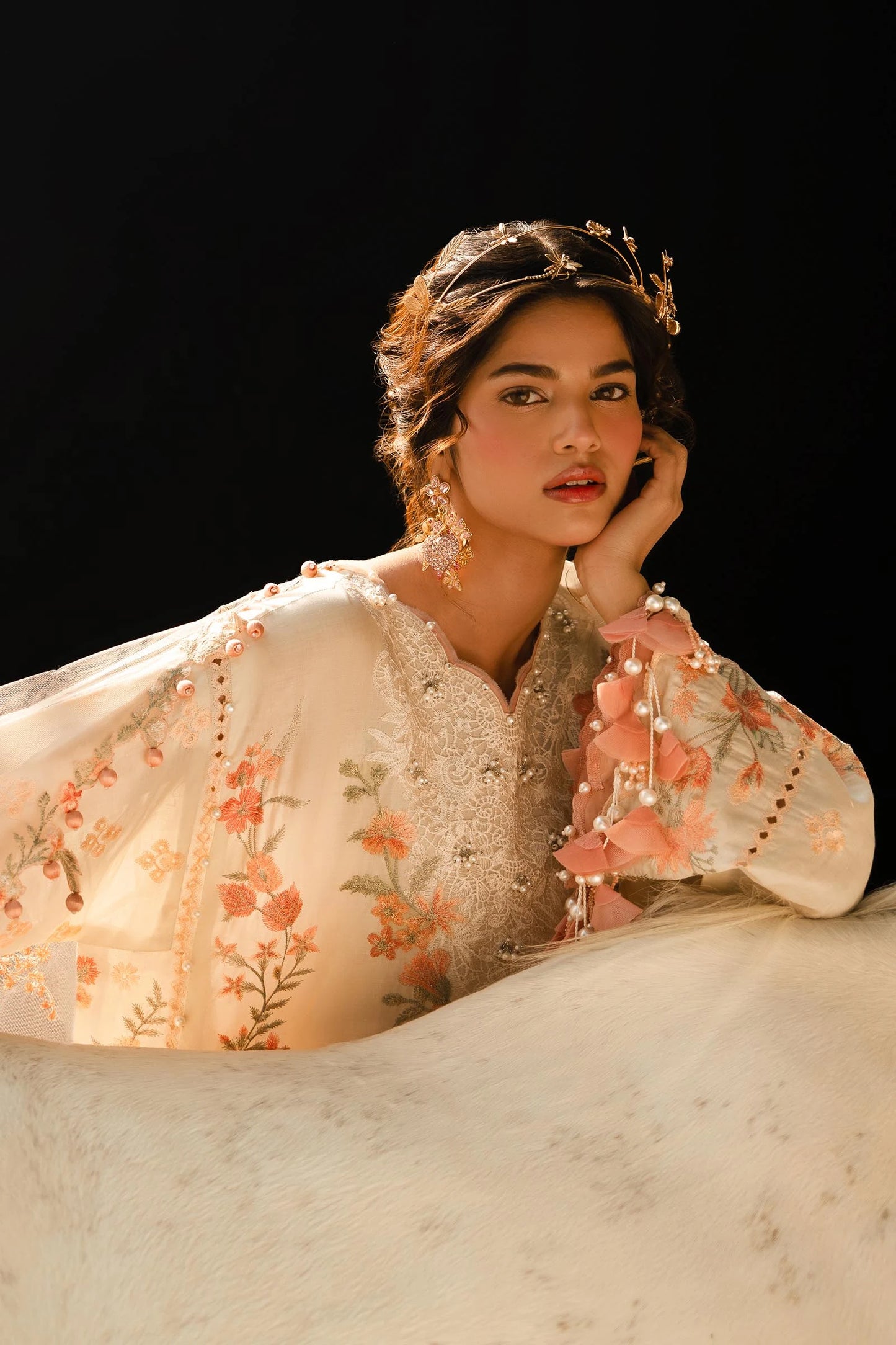 Elegant Sana Safinaz L241 - 003B - 3CT dress, with intricate embroidery and soft peach accents.