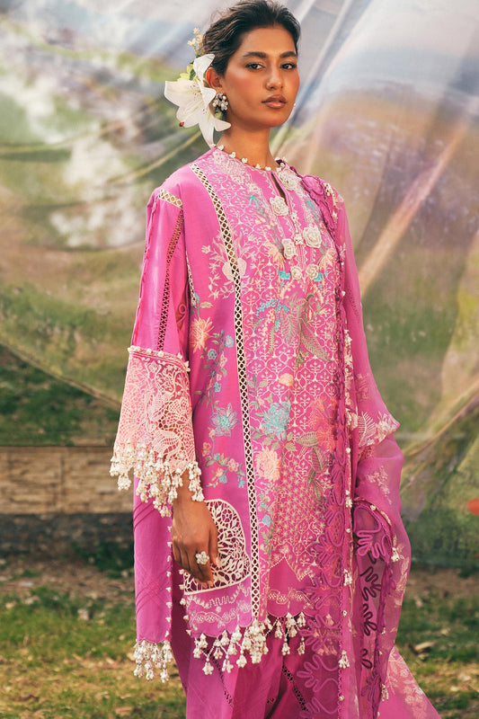 Model wearing bright pink embroidered outfit from Sana Safinaz, Luxury Lawn '25, perfect for Pakistani clothes online in UK and luxury pret.