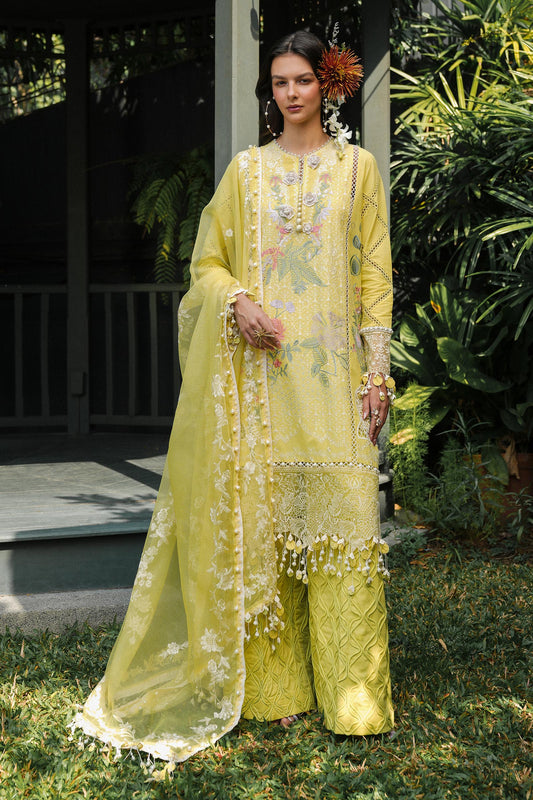 Model wearing lemon yellow embroidered outfit from Sana Safinaz, Luxury Lawn '25, ideal for Pakistani clothes online in UK and luxury pret.