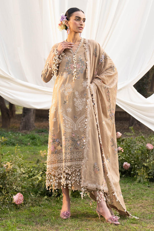 Model wearing camel brown embroidered outfit from Sana Safinaz, Luxury Lawn '25, perfect for Pakistani clothes online in UK and luxury pret.