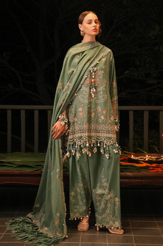 Model wearing sage green embroidered outfit with tassel detailing and matching dupatta from Sana Safinaz, Luxury Lawn '25, Pakistani clothes online in UK.