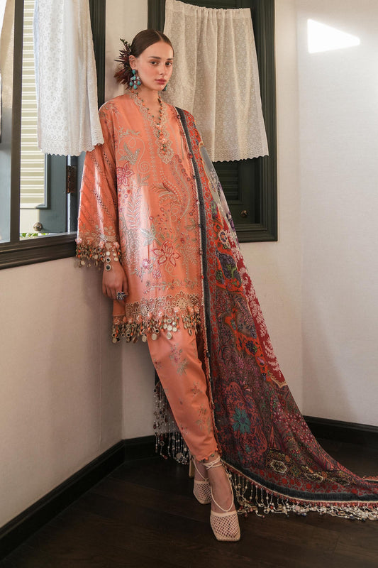 Model wearing peach embroidered dress with multicolour printed dupatta from Sana Safinaz Luxury Lawn '25, Pakistani clothes online in UK.